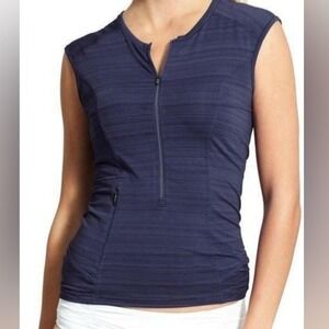 Athleta Navy Blue Striped Cap Sleeve Zip Up Rash Guard Top Women XS